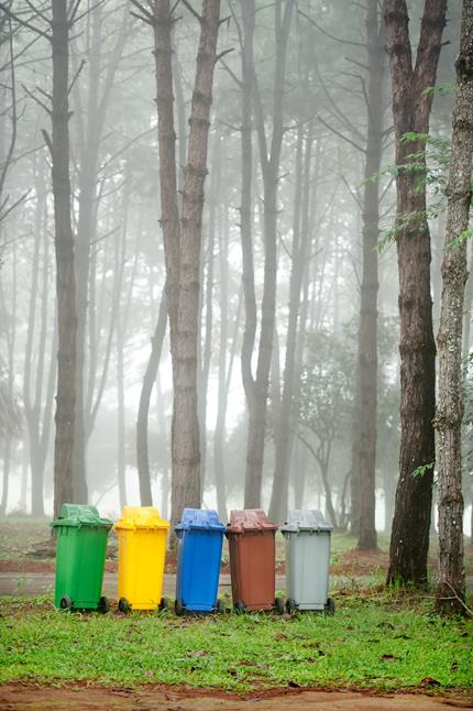 Recycle bins on the grass among trees